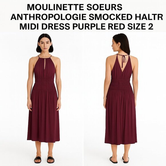 MOULINETTE SOEURS ANTHROPOLOGIE SMOCKED HALTER MIDI DRESS PURPLE RED SIZE 2 - Picture 1 of 9
